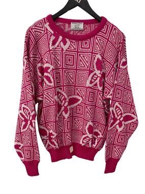 Vintage College Point Sweater Large Floral Crewneck Pink Knitwear Deadstock NEW